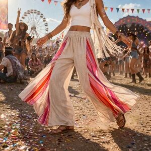 100% Cotton Boho Wide Leg Pants Beach Cover Up Striped Palazzo Festival -Size L